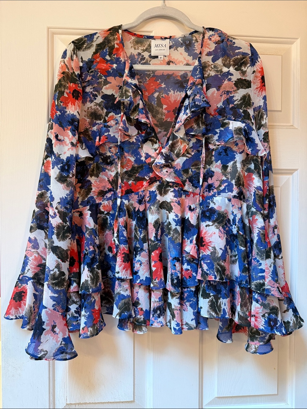 Misa Los Angeles Floral Ruffle Peplum Blouse in Blue, Pink, Red and Cream size M